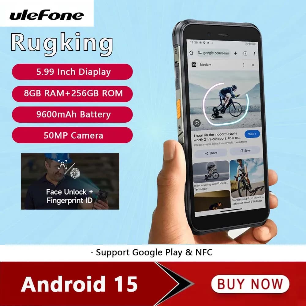 Versione globale Ulefone RugKing 4G Telefono robusto 5.99 "8GB 256GB Telefono cellulare 9600mAh 50MP Fotocamera principale Smartphone Android 15 NFC