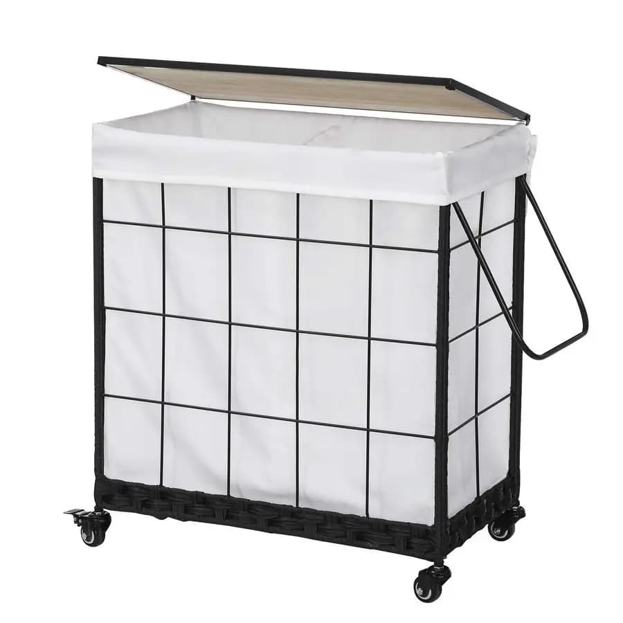 Bag with removable cover, durable wheels, wooden lid and metal handle, clothes selector and white white wine basket