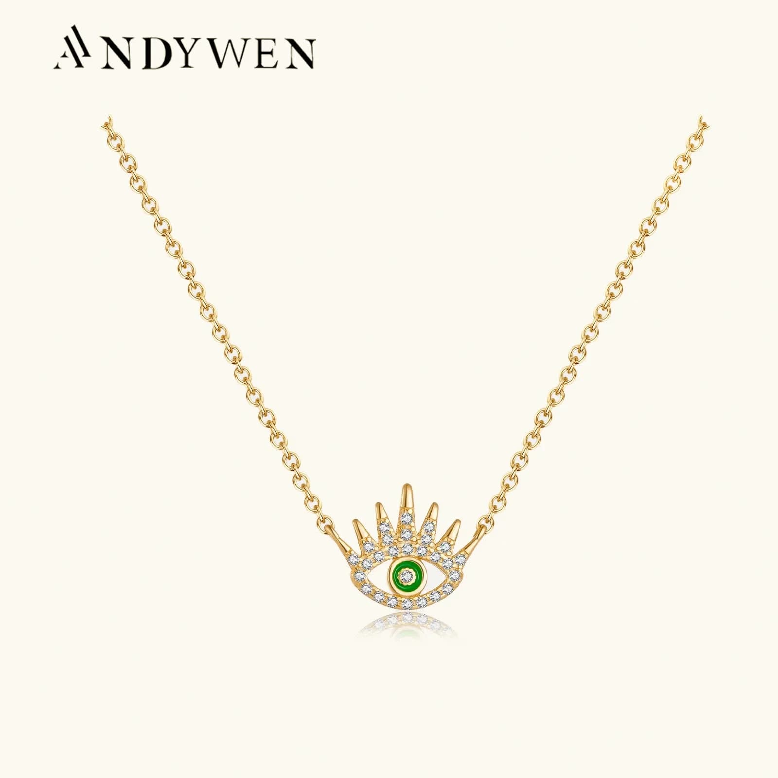 ANDYWEN 925 Sterling Silver Gold Happy Evil Eye Green Pendant collana a catena lunga 2023 donne luxury Fine Jewelry Spring