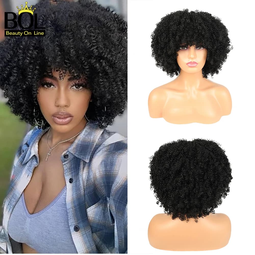 Parrucche sintetiche afro corte con riccioli morbidi e frangia, 12 pollici, in fibra sintetica soffice e naturale per donne, ideali per feste, cosplay e uso quotidiano.