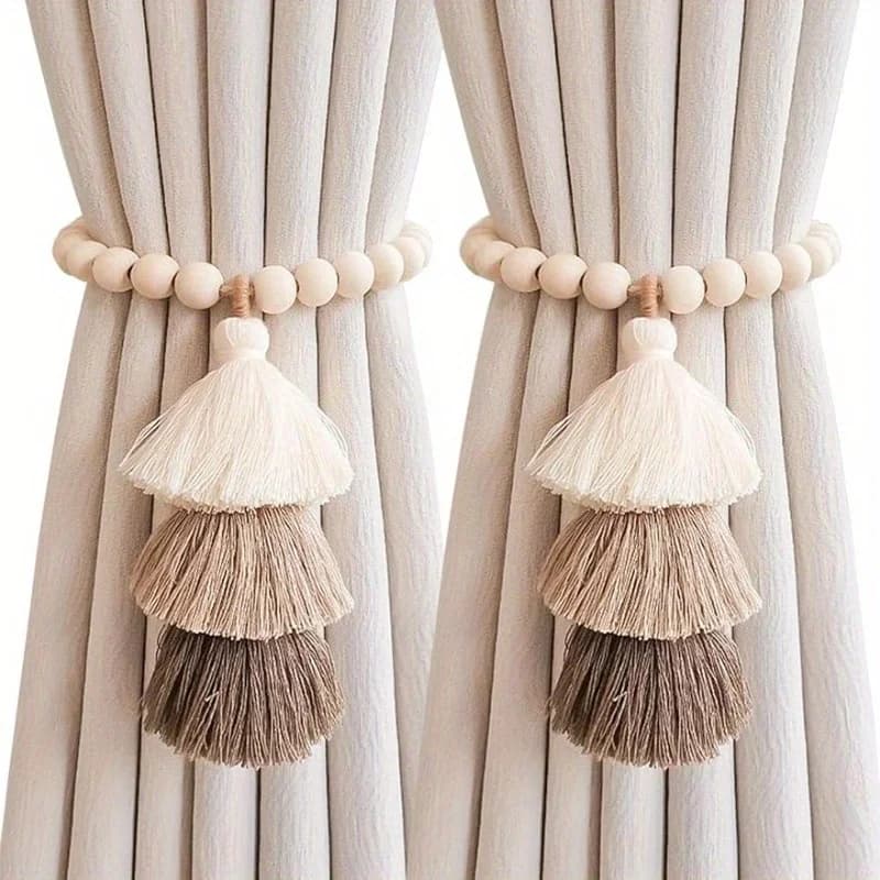 2pcs Bohemian Farmhouse Curtain Ties - Handmade Wooden Bead Curtain Ties for Bedroom and Living Room Home Decor