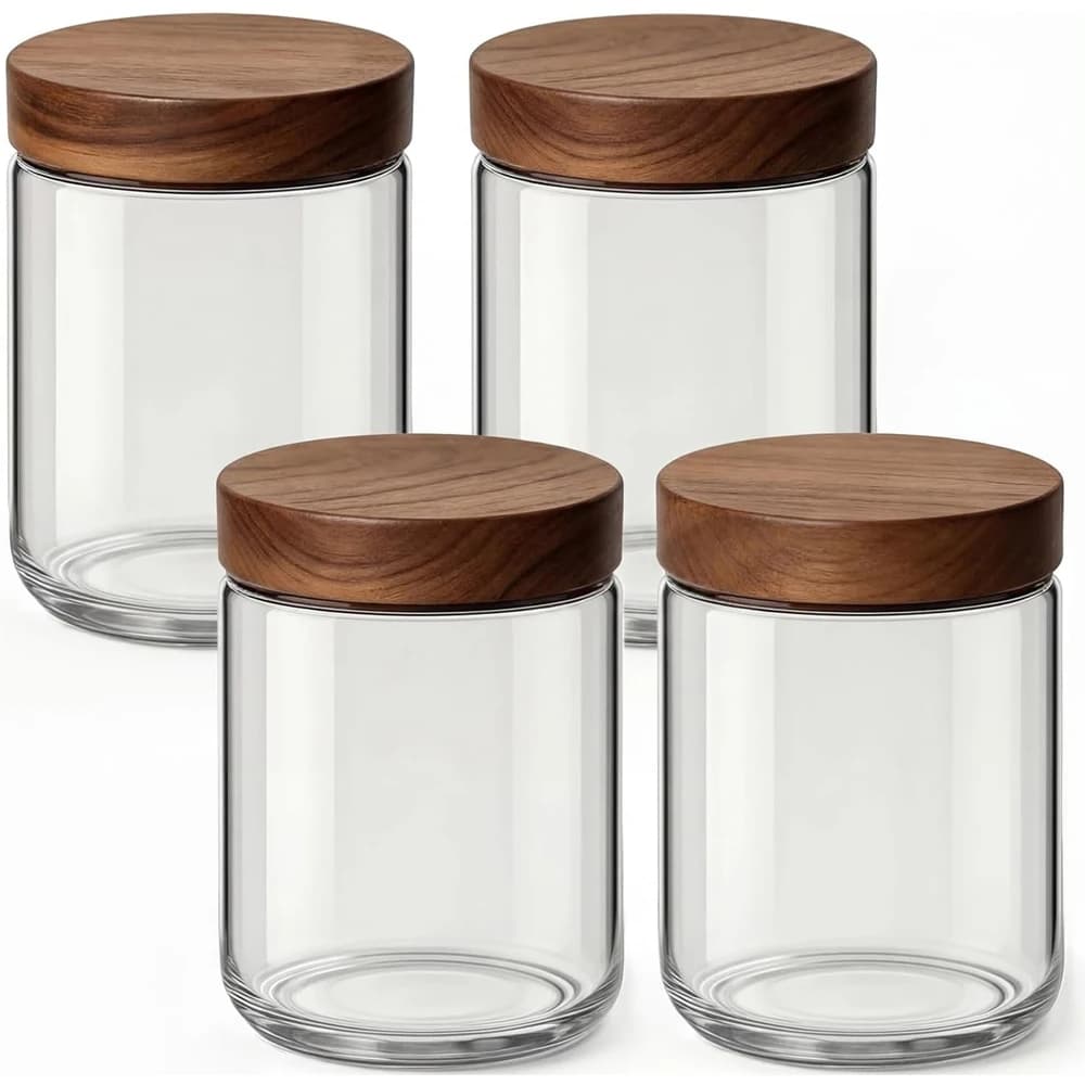 Contenitori per Overnight Oats da 500ml con Coperchi, Barattoli in Vetro con Coperchi Ermetici in Legno di Acacia, Contenitori a Bocca Larga per Preparazione Pasti