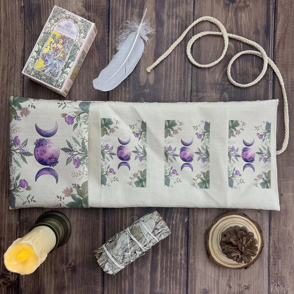 Borsa portaoggetti per tarocchi tripla luna, tovaglia per carte dei tarocchi, per divinazione, fiori e piante, custodia in tessuto resistente