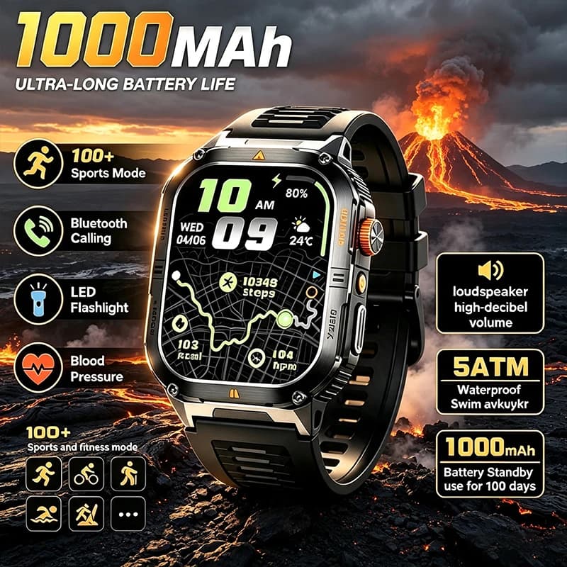 Rugged Military Smart Watch Men Outdoor LED Flashlight IP68 BT Call Fitness Tracker Heart Rate Sleep Monitor Sport Smartwatch