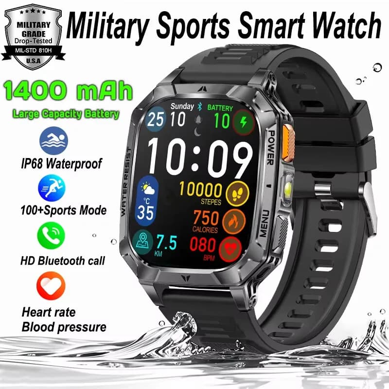 Smartwatch Militare da Esterno 2026 con Batteria da 1400 mAh, Impermeabile IP68, Torcia LED, Monitoraggio Salute e Chiamate, per Uomo