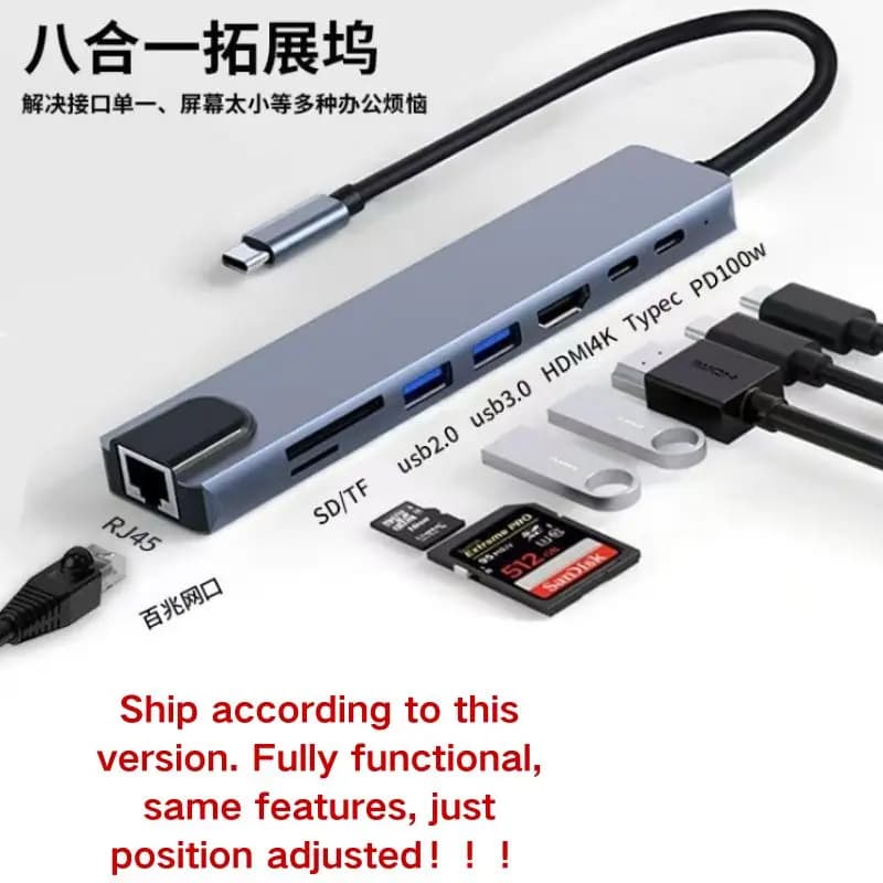 Hub Adattatore USB 8 in 1 Tipo C 3.1 a 4K HDTV con Lettore di Schede SD TF RJ45 e Ricarica Rapida PD