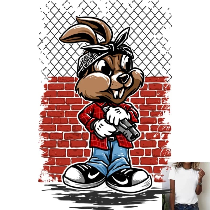 Cool Gun - Holding Rabbit Heat - Transfer White Ink Iron - On Pattern, Street - Style Design, Suitable for T - shirts / Canvas