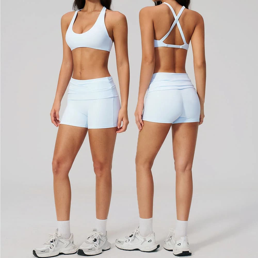 Completo sportivo estivo da donna 2 pezzi: reggiseno sportivo antiurto, pantaloncini da ciclismo a vita alta, abbigliamento fitness e yoga