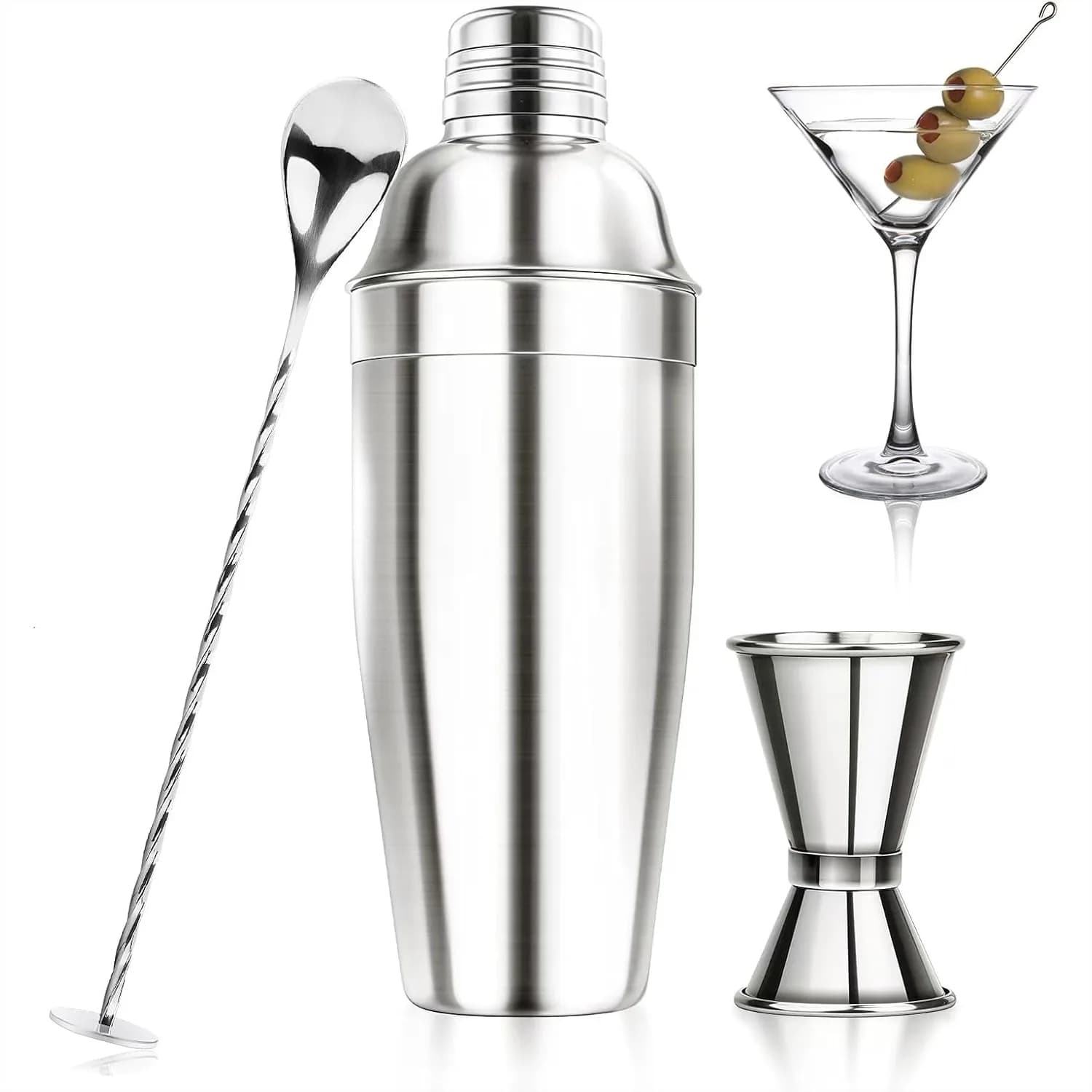 Set Shaker per Cocktail in Acciaio Inox con Colino, Jigger e Cucchiaio da Miscelazione - Kit Professionale per Barman Principianti