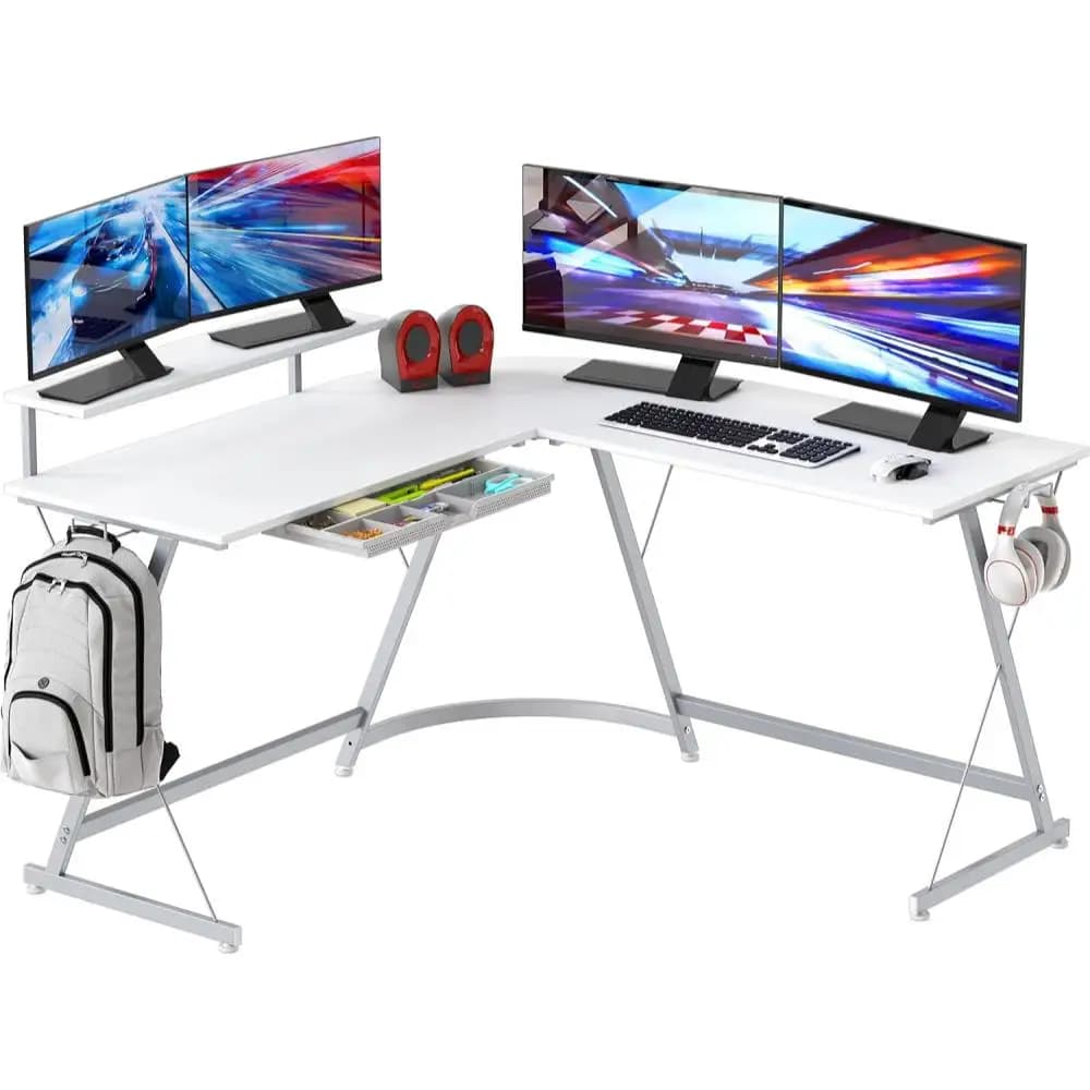 Scrivania a forma di L Vista da 51 x 51 pollici con supporto per monitor e cassetto, bianca