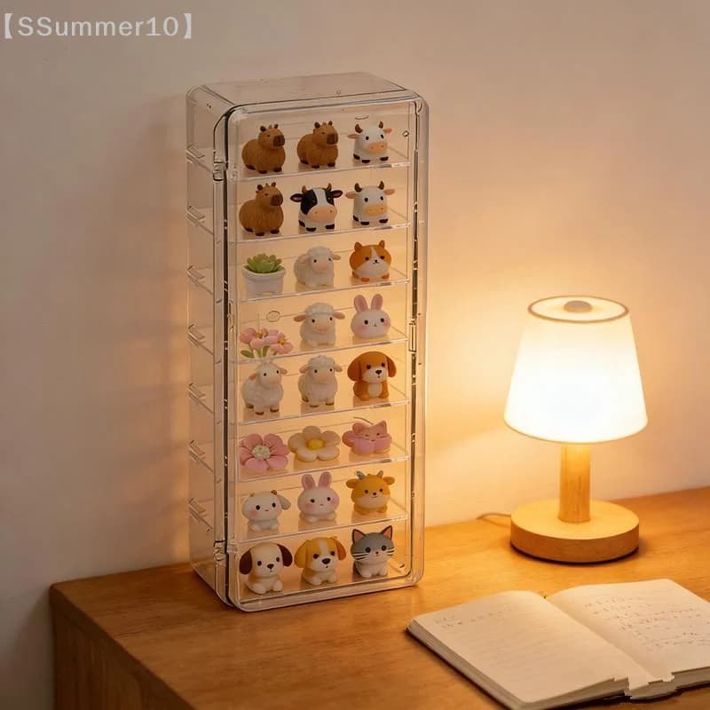 【SSummer10】Mini espositore in acrilico antipolvere con coperchio ribaltabile - Scatola portaoggetti per figure, organizer da scrivania per gioielli e accessori【SS】
