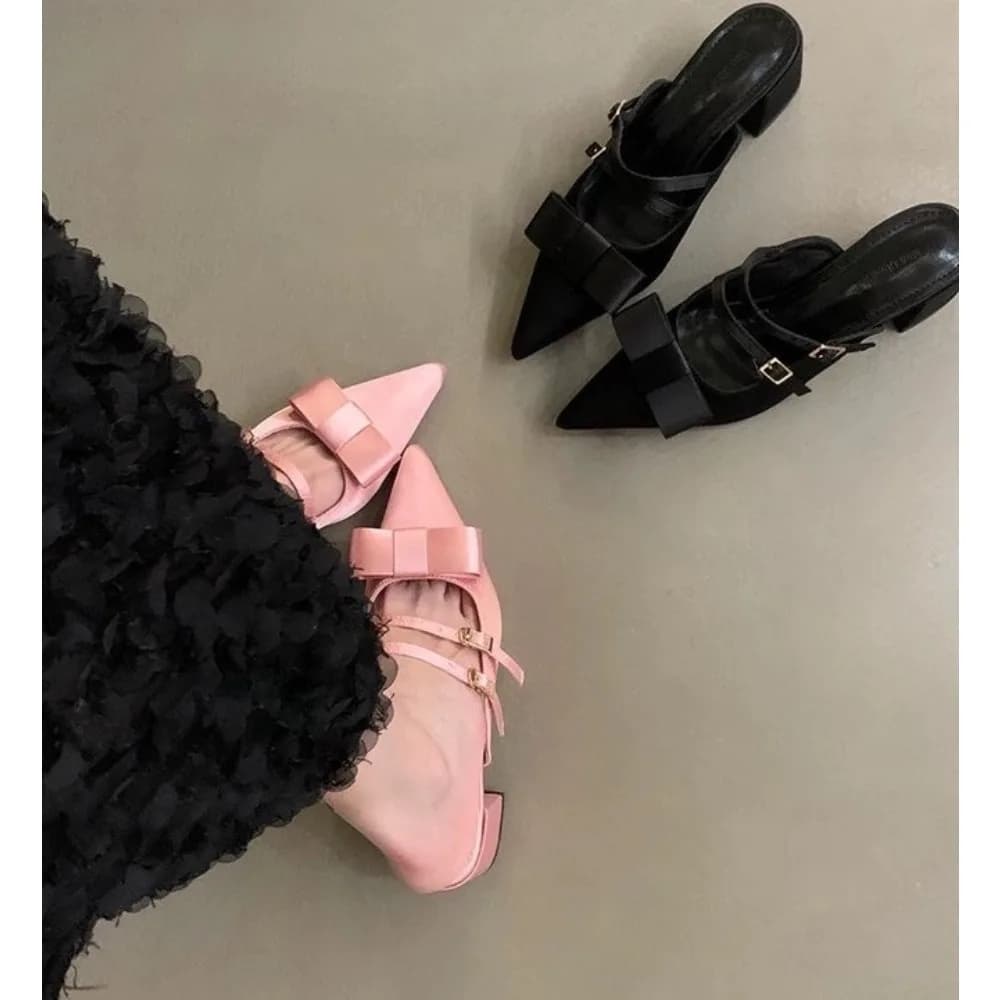 New Silk Bowknot Pointed Toe Slippers Women Sweet Elegant Mid Heel Slingbacks Shoes Female Slides Fashion Designer Sandals