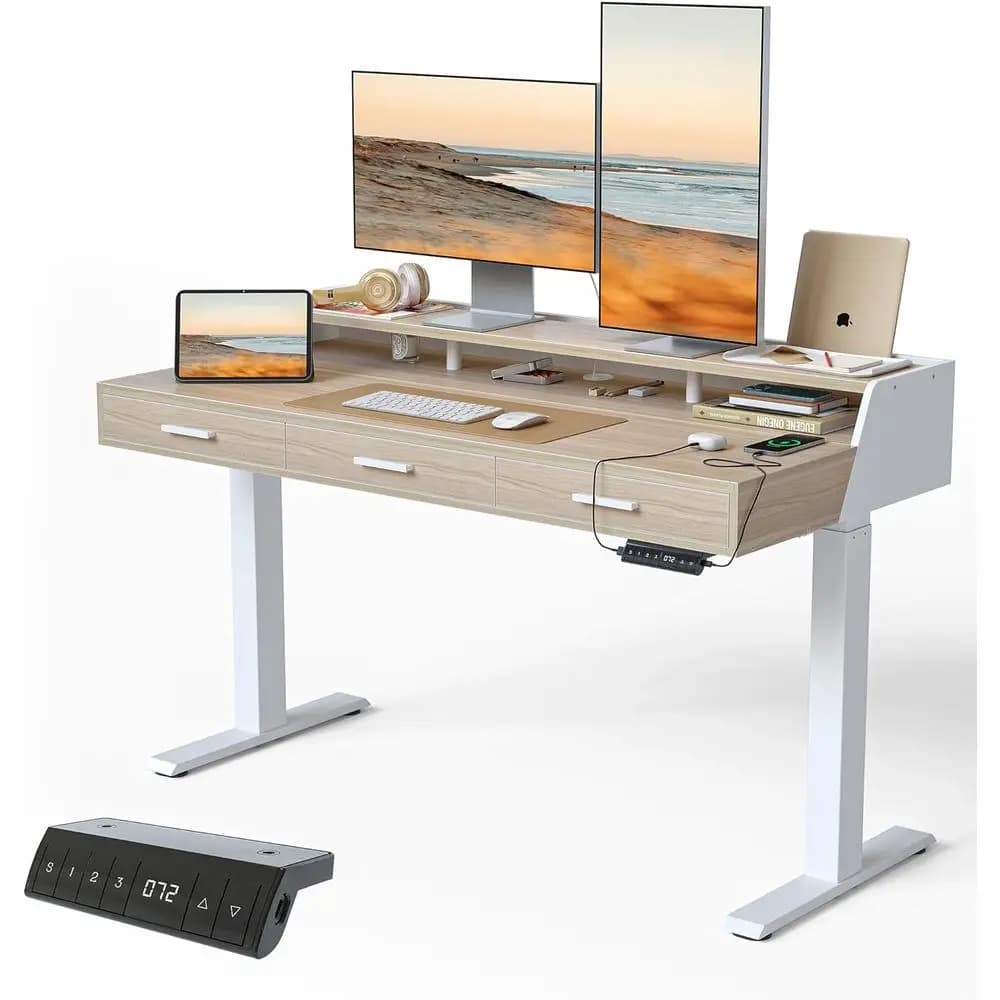 Scrivania Ergonomica Elettrica Sit-Stand, 55x26, 3 Ripiani in Legno, Mensola per Monitor, Altezza Regolabile, Noce Chiaro
