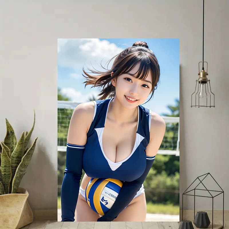 Vintage Woman Asian Sports Metal Plate - Energy Retro Girl with Chignon High in Navy Blue Volleyball Uniforms, Balloon with Balloon