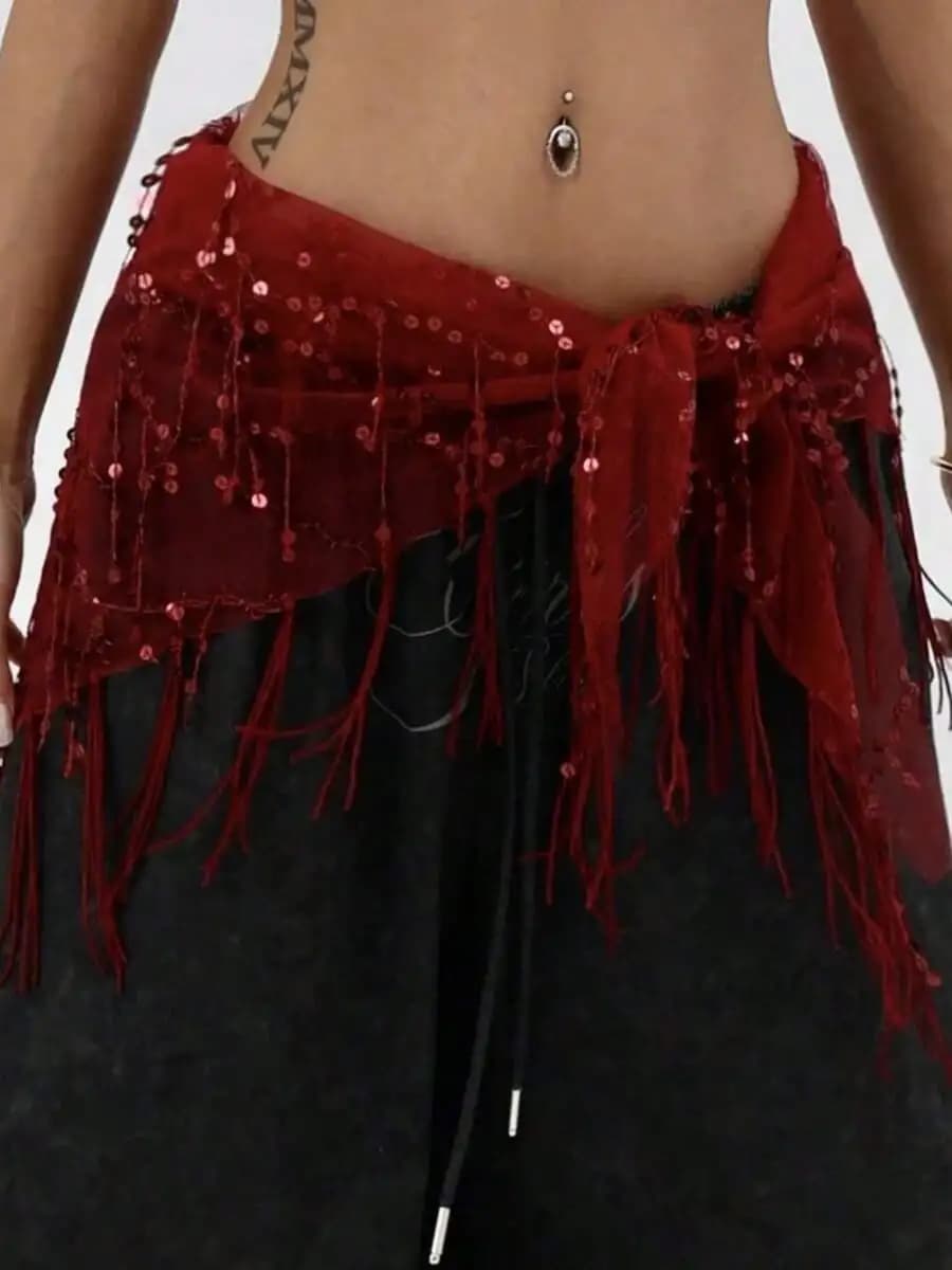 Women's Sequin Sparkly Tassel Belly Dancing Belt Waist Chain Belly Dance Hip Scarf Belt