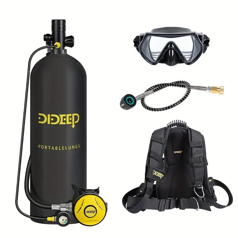 DIDEEP Set Bombola Subacquea Mini da 4L, Fino a 40-60 Minuti di Immersione, Bombola Subacquea Portatile ad Alta Capacità con Maschera HD