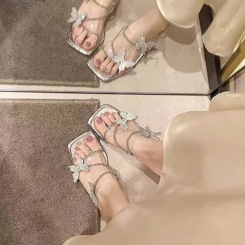 Women Summer Fairy Style Sandals Butterfly Knot Water Diamond Thick Heel French Pointed Toe Two-Way Wear Slip On Slippers