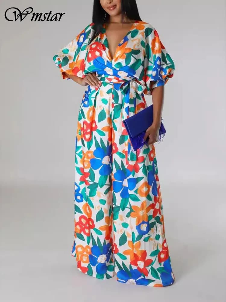Wmstar tuta donna estate scollo a V fiore stampa colore Sexy fasciatura allentata pagliaccetti estate all'ingrosso Dropshipping 2024