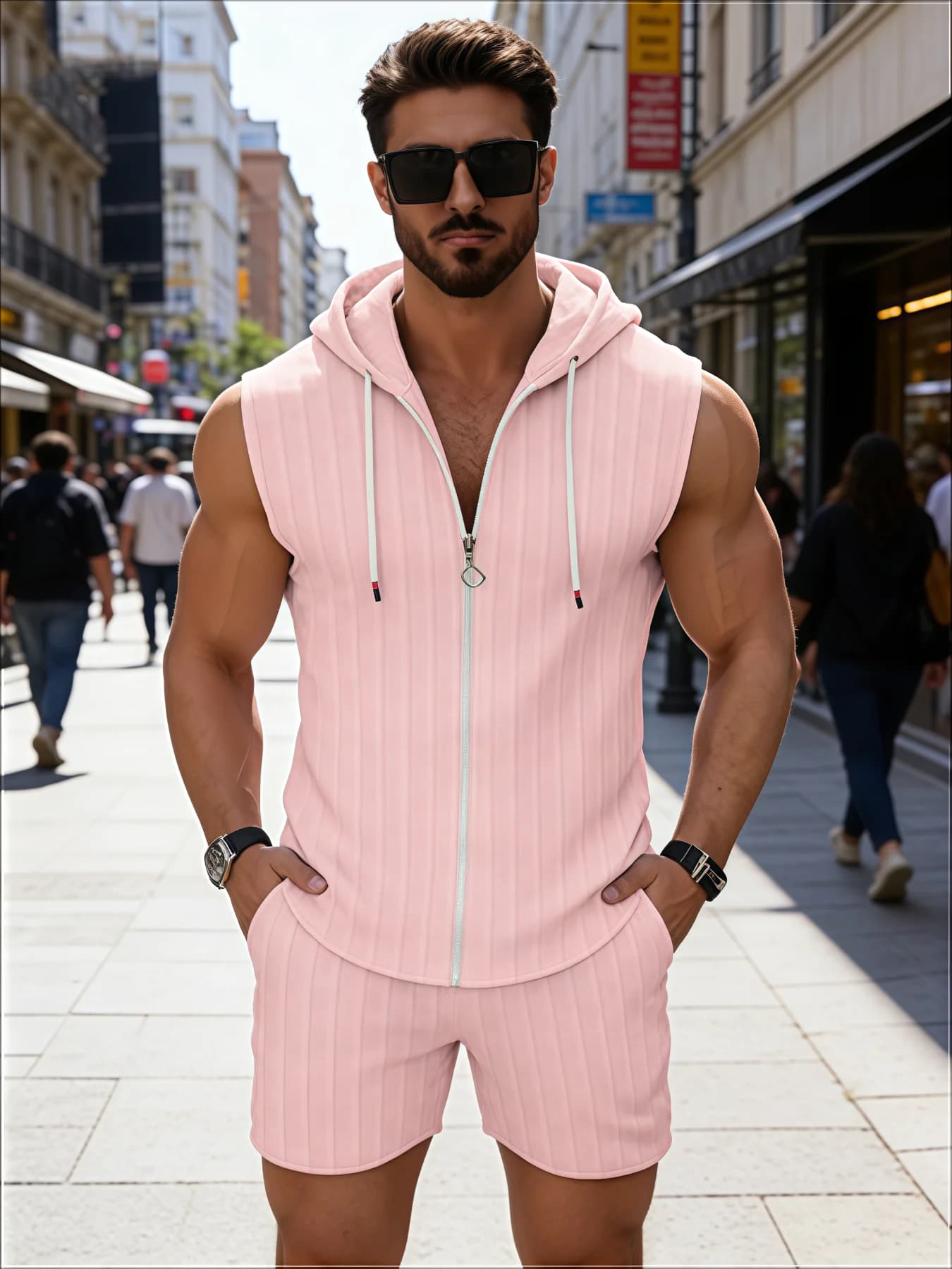 Completo Estivo da Uomo: Gilet con Cappuccio Senza Maniche e Pantaloncini a Quadri, Slim Fit, Casual Sportivo, Set Due Pezzi Trendy