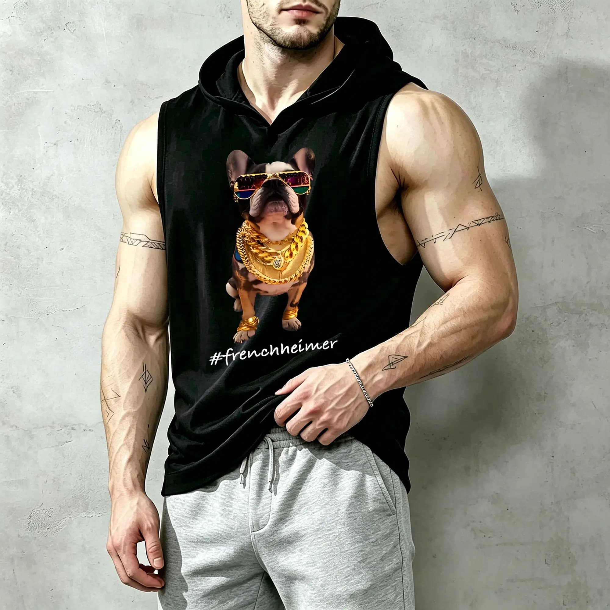 Men's Hooded Sleeveless Vest, Luxurious French Bulldog Design, Gold Chain Sunglasses, Trendy and Cool Image, Casual and Versatile, Comfortable and Slim Fit