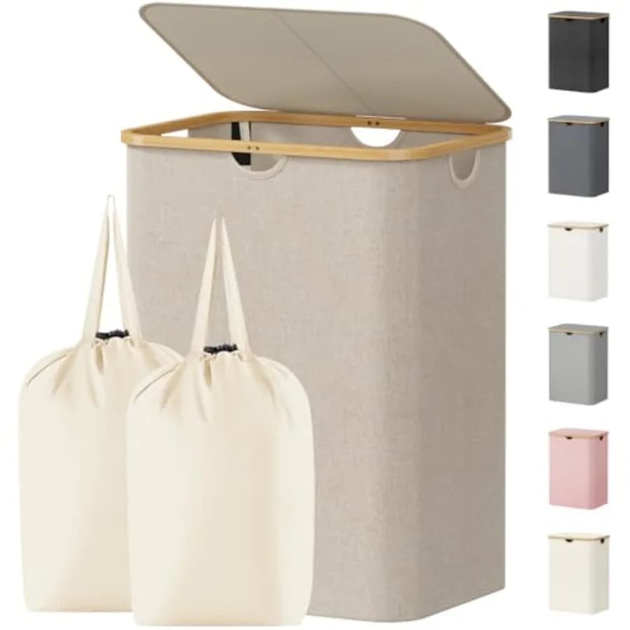 Laundry Basket with Lid, Clothes Hampers for Laundry with Bamboo Handles and 2 Removable Bag, Large Foldable Laundry Hamper for