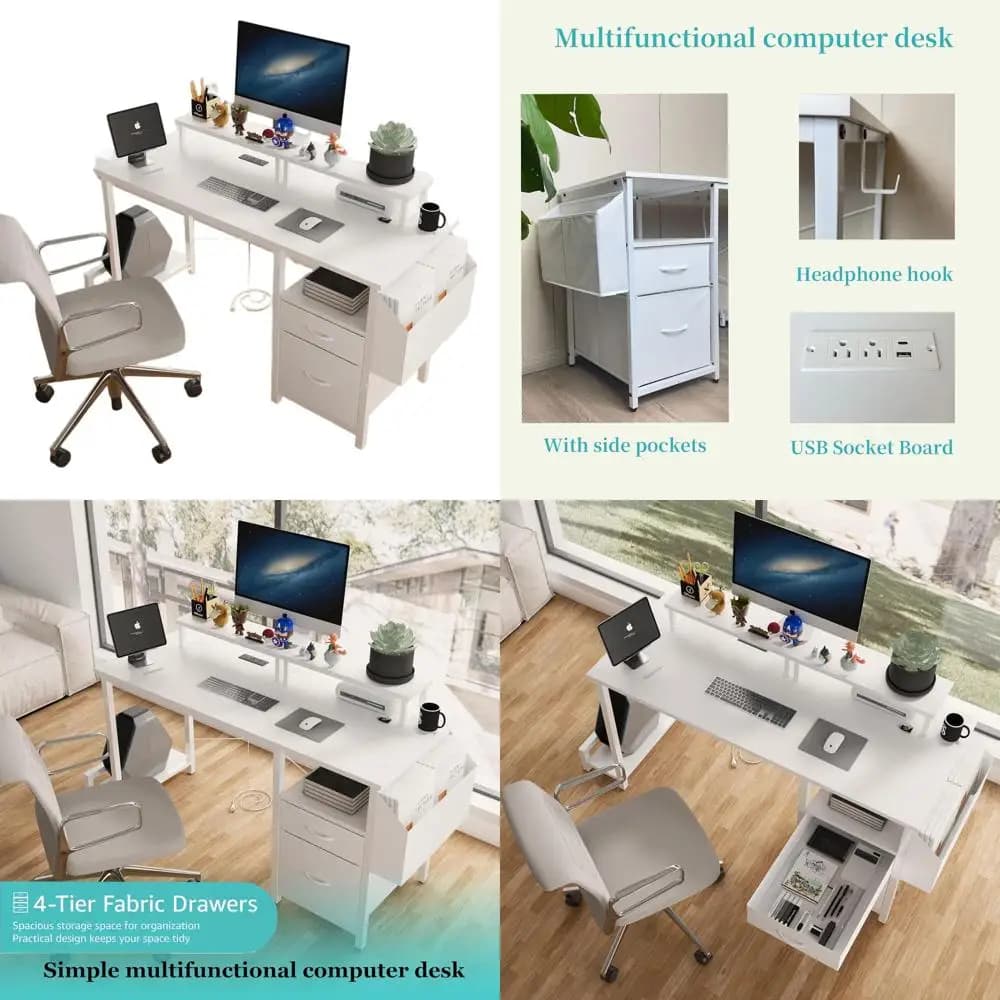 Office desk with 47 Double drawers, Current socket, USB ports and Type-C, Textile document boxes, Side pocket and Monitor supports