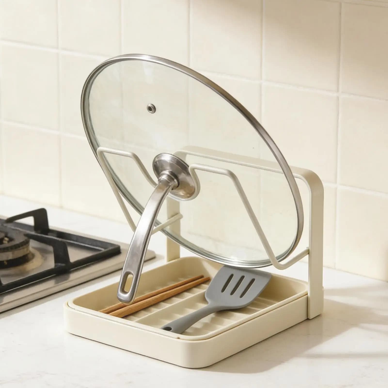Pot Lid Organizer Anti-Slip Kitchen Storage Stand Kitchen Lid Rack for Pot Pan for Ladle Spatula Spoon Plate Dish Cabinet