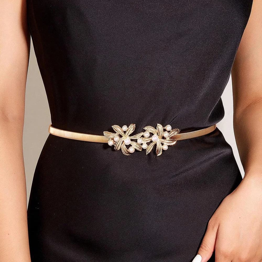 Cintura a Catena Dorata alla Moda, Cintura Elastica in Metallo Argento con Perle per Donna, Cintura Elastica Y2K di Design per Donna
