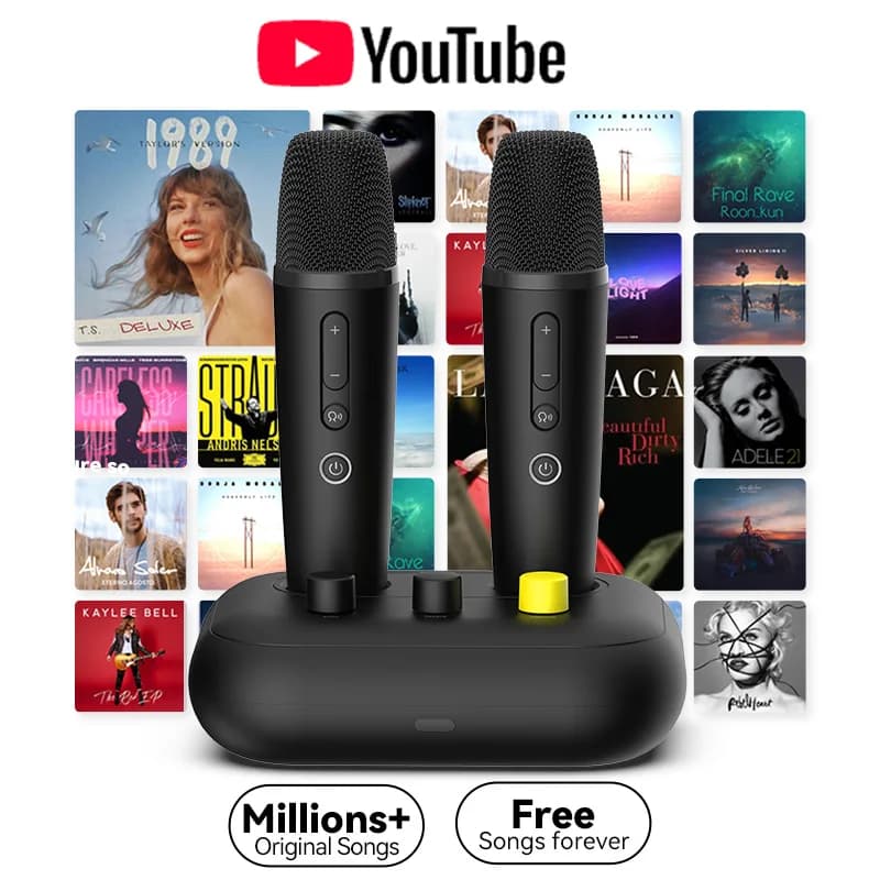 Macchina per karaoke Puremic K3 con milioni di canzoni Free Forever Duet Microfoni per karaoke per cantare con dock ricaricabile, cavo HDMI+Aux