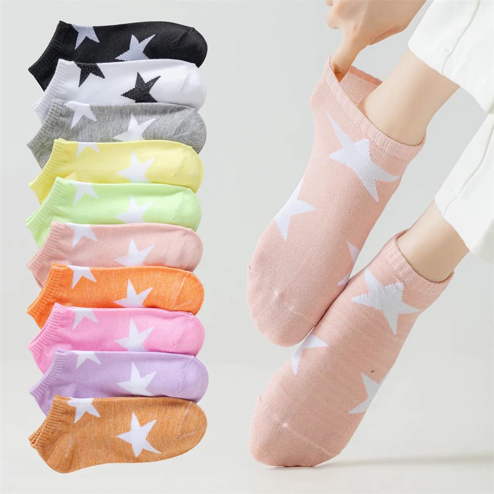 5 pairs of women's ankle socks with stars print Short socks white style Lolita Kawaii Nice breathable socks in cotton color caramel