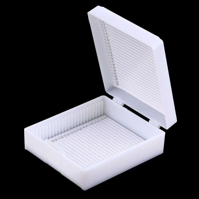 Scatola di vetrini in vetro per microscopio in plastica 25 pezzi supporto per custodia per fette biologiche per vetrini per microscopio preparati