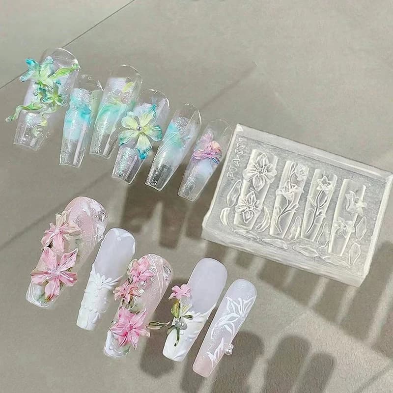 3D silicone molds for nail decorations, DIY models with floral designs, nail molds, jewelry, crafts, transparent nail mold.
