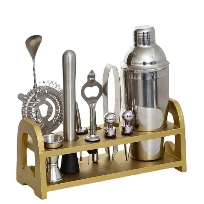 Bamboo and wood rack wine set 700ml stainless steel cocktail shaker full set of bartending tools bar set