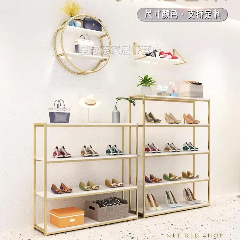 Portaborse da pavimento multistrato dorato per espositore per scarpe e borse da negozio di abbigliamento da uomo e da donna