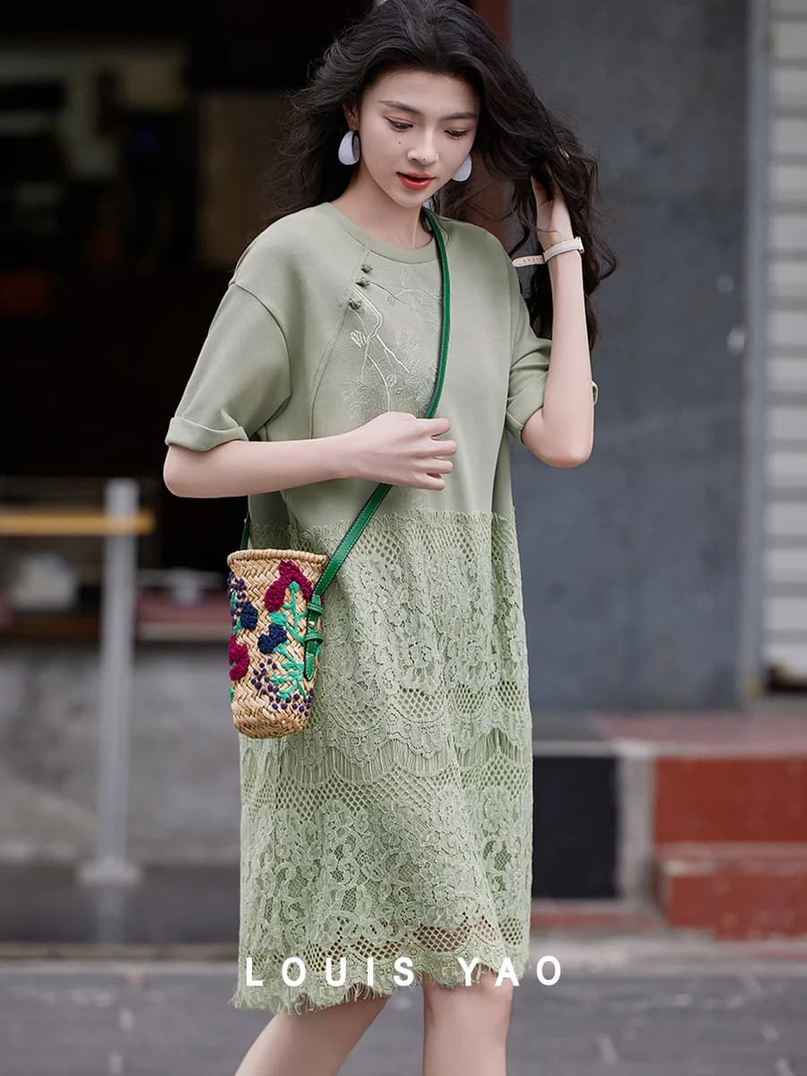 LOUIS YAO 2025 Summer Frog Buttons and Hidden Patterns Chinese-style Dress Splicing Lace Long Short Sleeve Women's Dress