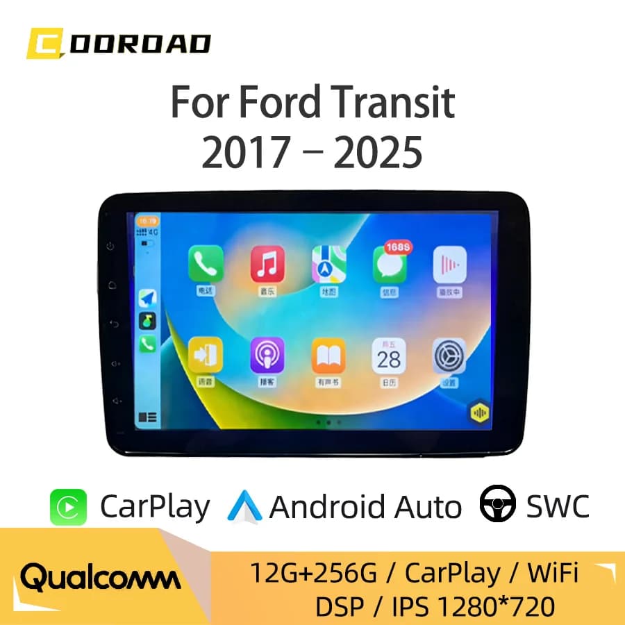 Autoradio da 9 pollici per Ford Transit 2017-2025 con display IPS, CarPlay wireless, Android Auto, 4G, WiFi, GPS, RDS, DSP e navigatore stereo
