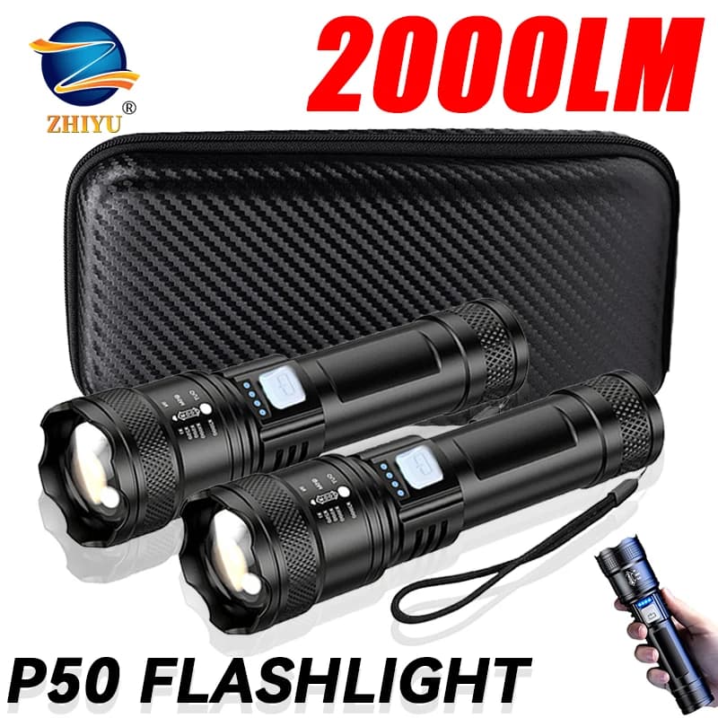 Tactical LED Flashlight 2000LM USB Rechargeable Waterproof Grade Zoom Torch Bright Portable Emergency Light for Camping Outdoor