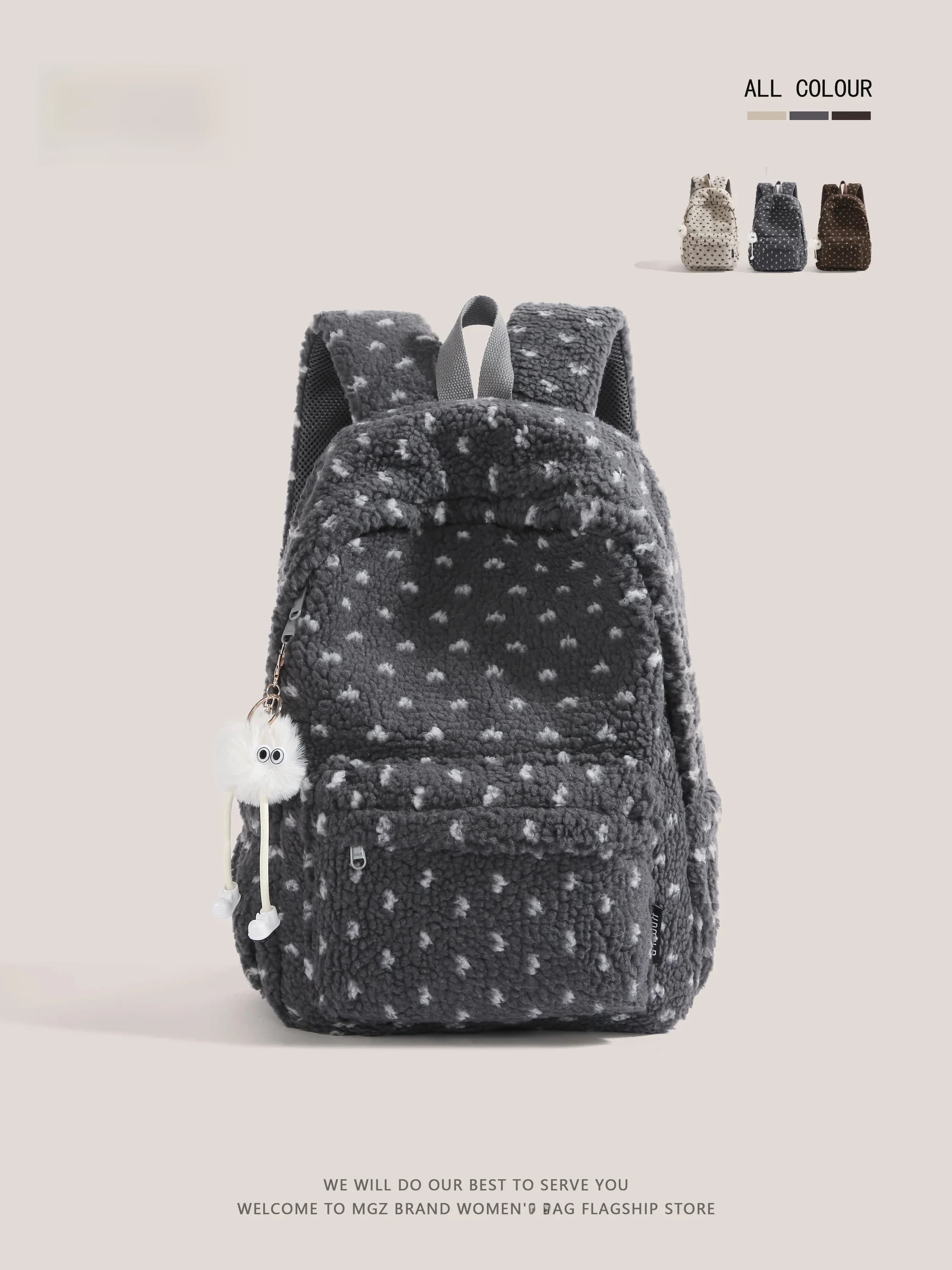 MGZ Winter Plaid Polka Dot Plush Backpack Lightweight High Aesthetic Dual Shoulder Bag for Female University Students
