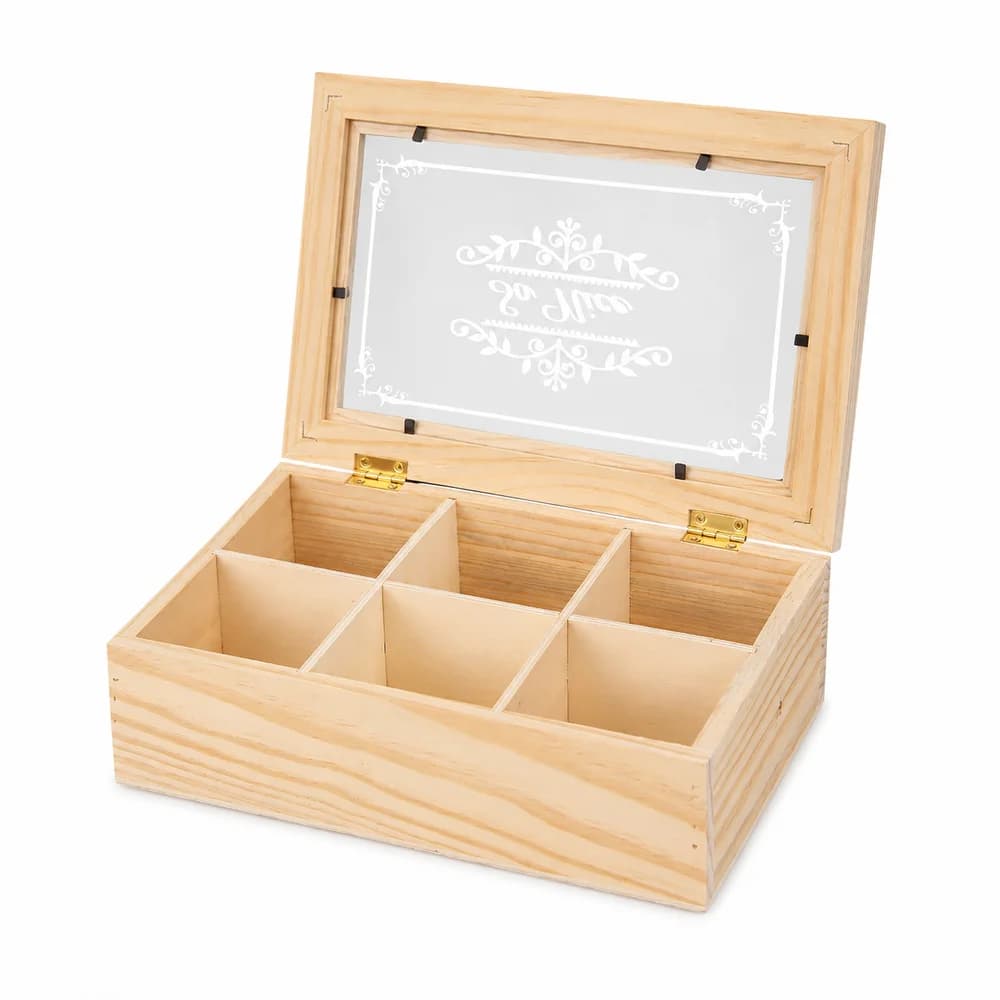 Natural Wood 6-Compartment Organizer Box with Clear Acrylic Lid for Jewelry Tea Bags Desk Vanity Shelf Small Items Storage