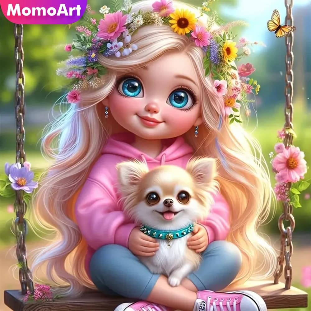 MomoArt diamante ricamo ragazza ritratto pittura cane punto croce bambino mosaico immagine del fumetto strass regalo fatto a mano