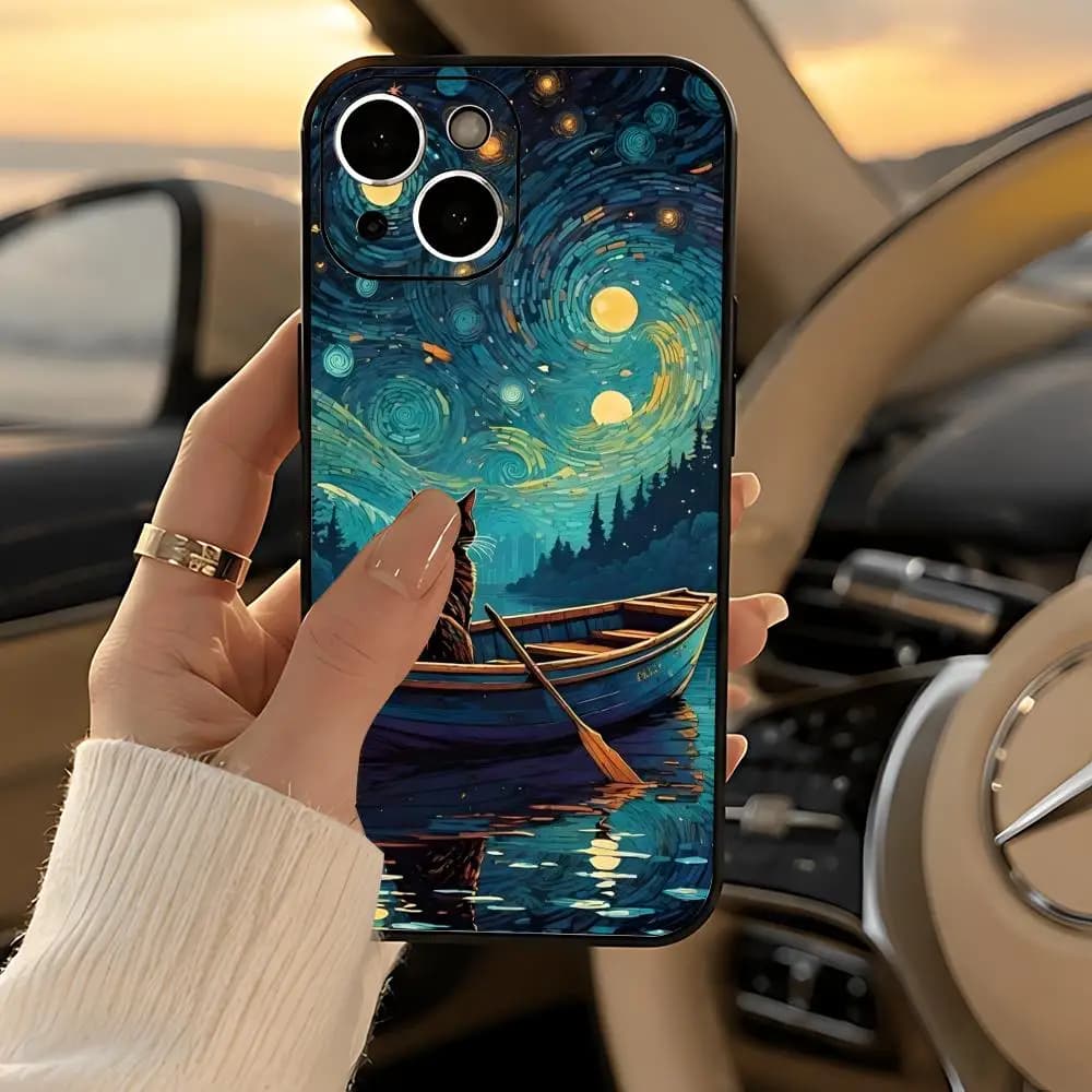 decor S-Starry Sky Black Cat Phone Case Black Heavy-Duty Matte Shockproof Soft Case for iPhone 13/14/15/16/17 Pro Max