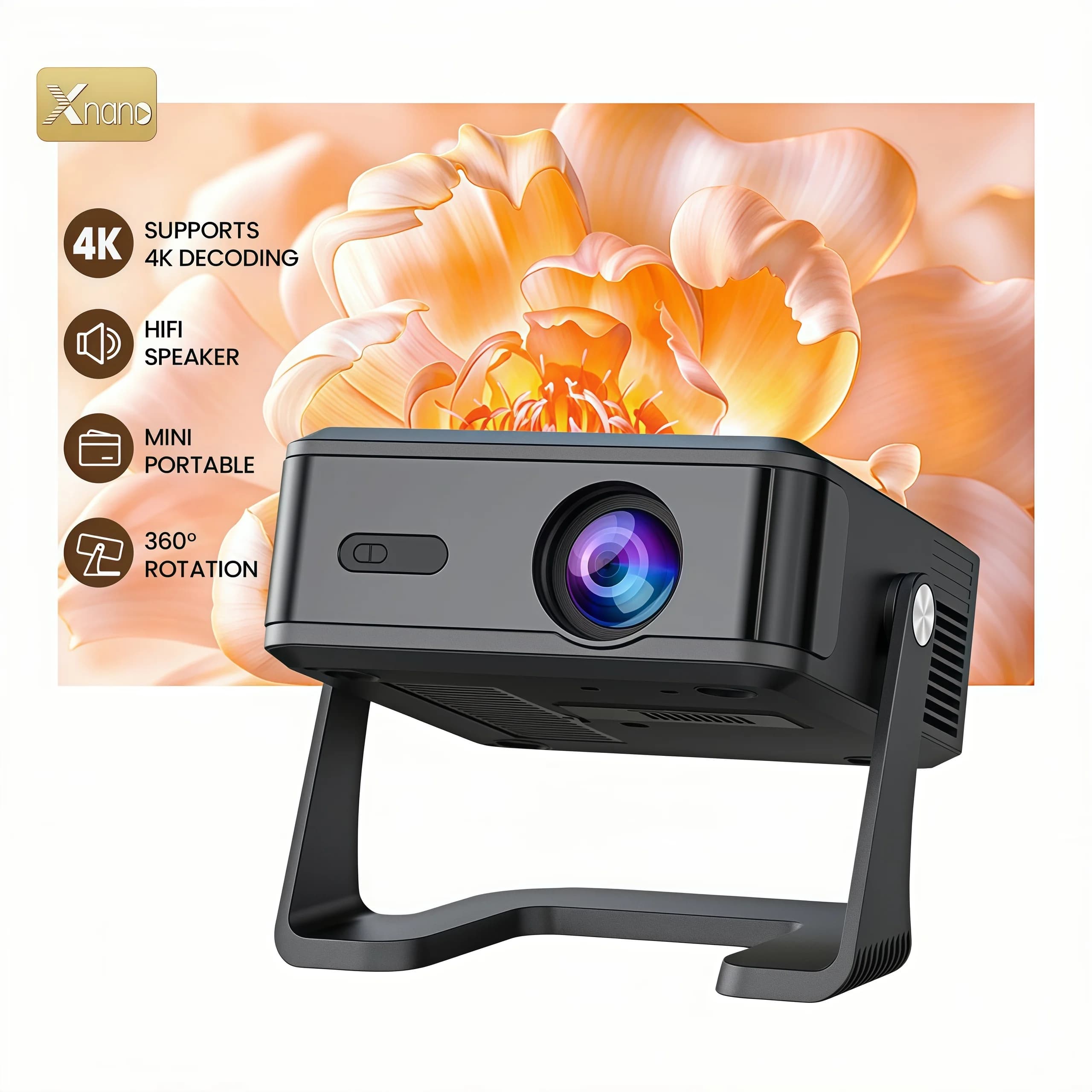 Xnano HA120-A Android 14 Projector 300ANSI Native 720P RGB Light WiFi 6 BT5.4 Auto Focus Mini Portable Home Cinema Beamer