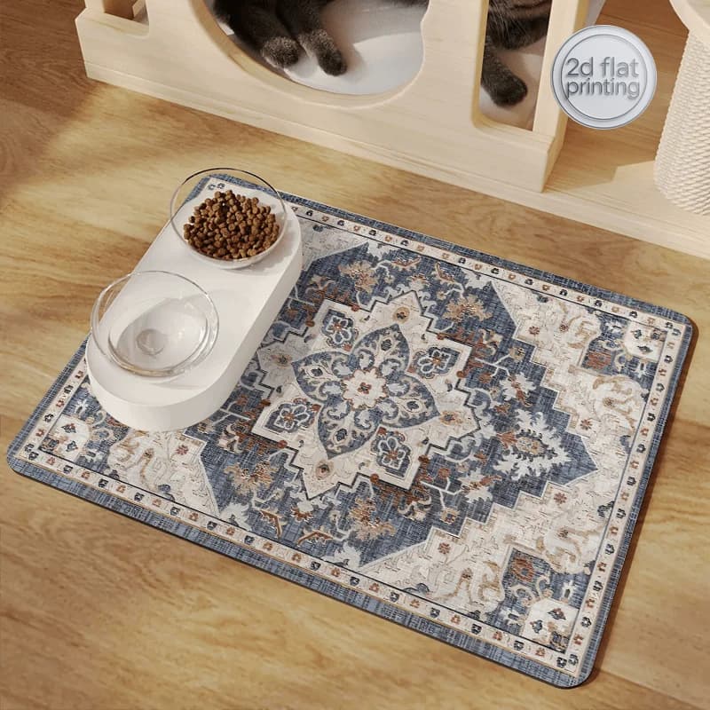 Tappetino Assorbente per Cibo di Cani e Gatti con Motivi Floreali e Geometrici in Stile Persiano | Tappetino Antiscivolo per Cani