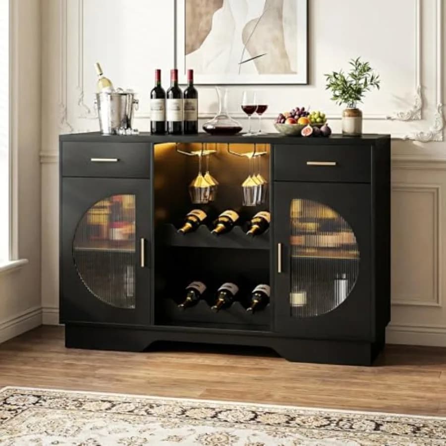 Mobile Bar Nero Autoportante con Luce LED e Presa di Corrente, Mobile Moderno per Liquori con Portabottiglie e Portabicchieri per H