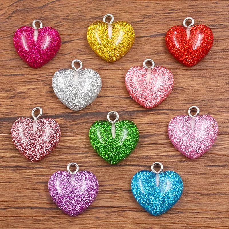 10Pcs Glitter Heart Resin Charms Cute Love Pendants DIY Accessories For Hair Clips Bag Keychain Jewelry Craft Decor
