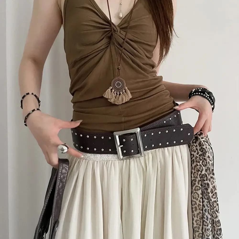 Vintage Designer Wide Women's Belt Punk Style Gothic Rivet Waist Belt American Y2k Dress Jeans Belt Streetwear