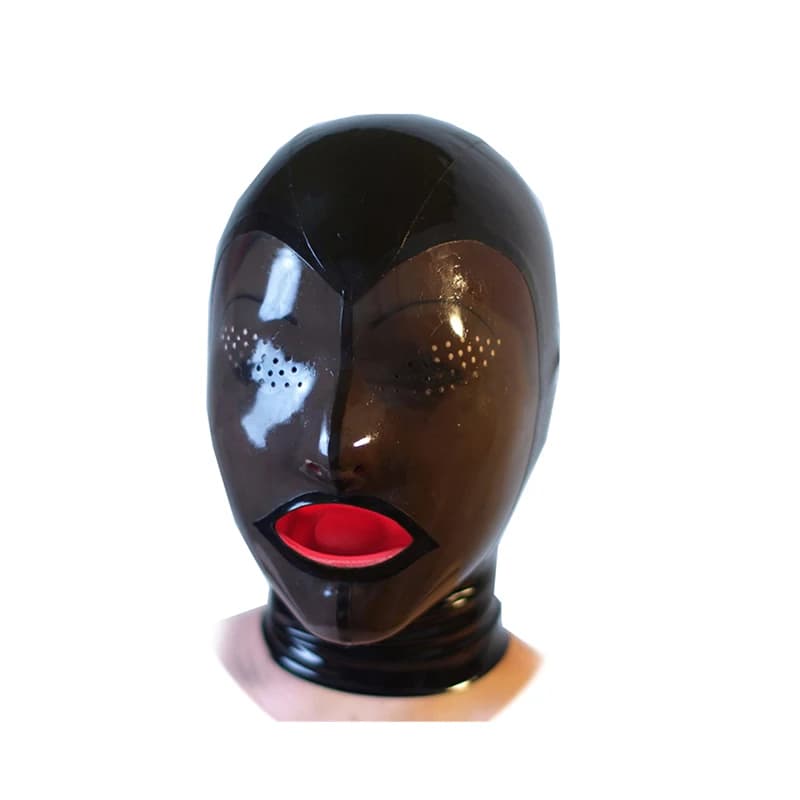 sexy exotic mysterious lingerie handmade latex smoke black face hoods mask with fly eyes holes nose tube mouth teeth gag plug