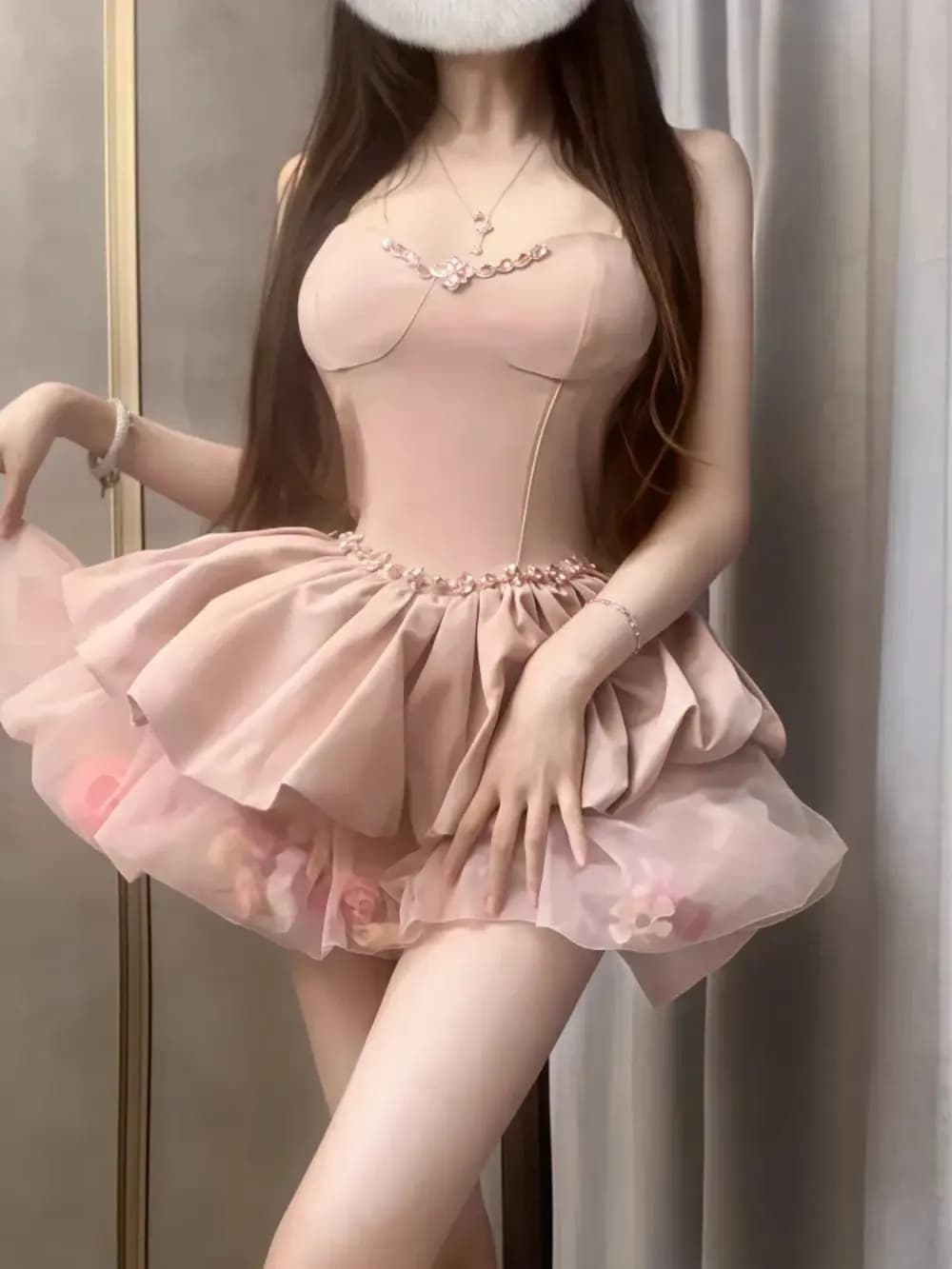 Women Sweet Satin Mini Dress Pearl Strap Puff Skirt Cute Princess Style Slim Fit Sleeveless Dress Party Holiday Summer Look 2025
