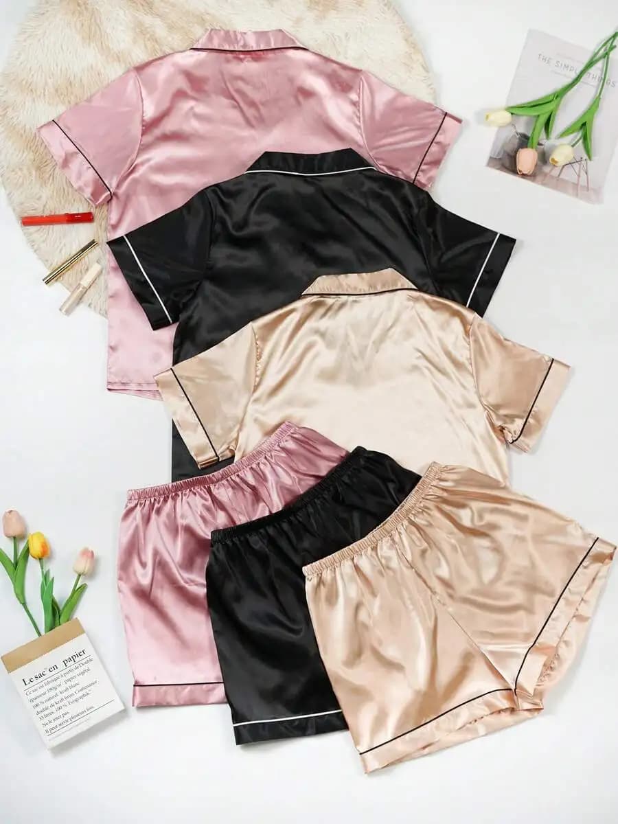 3pcs Solid Color Satin Pajama Sets Women Short Sleeve Buttoned Collar Top And Shorts Loungewear