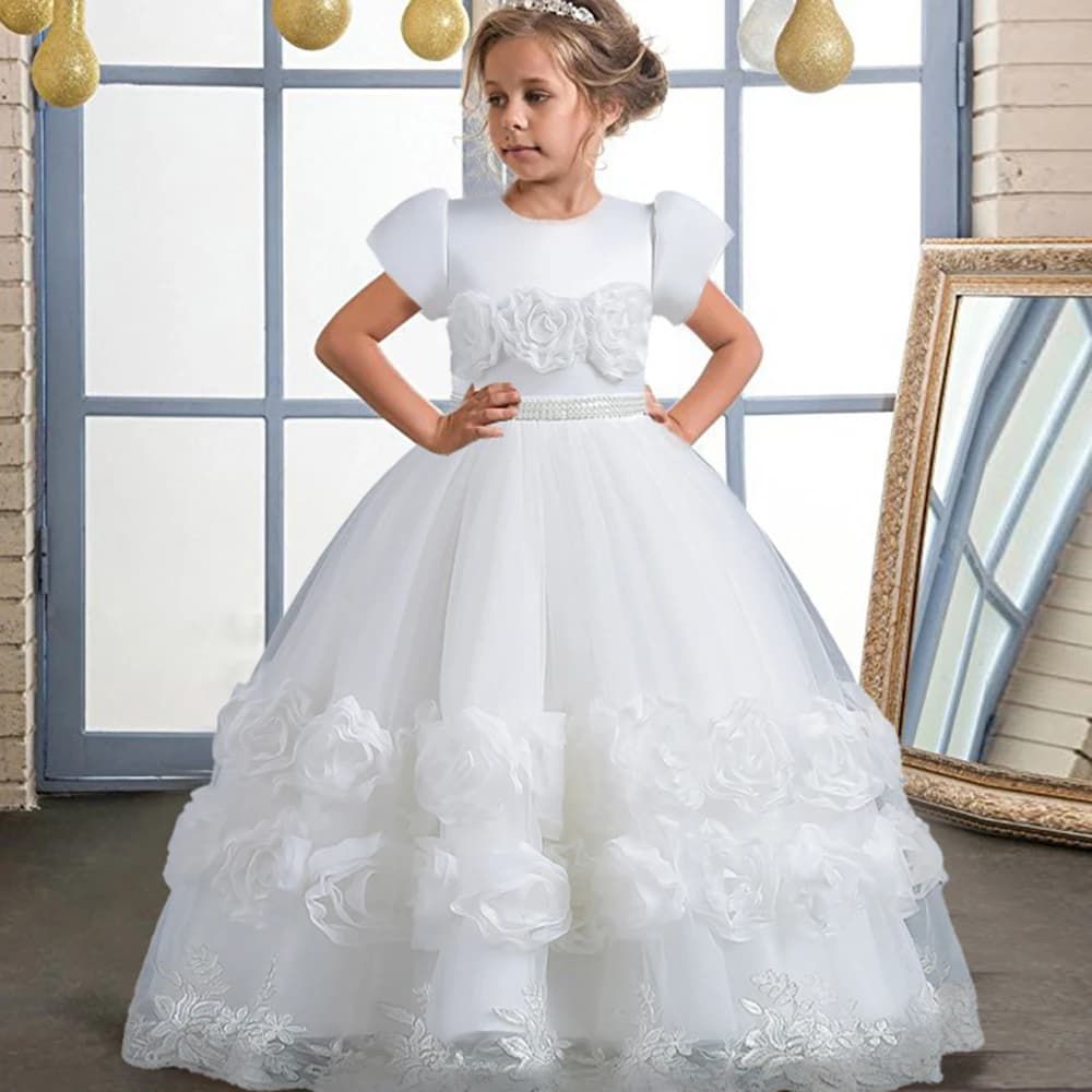 Abiti da Cerimonia Eleganti per Bambine con Fiori, Vestiti Lunghi da Principessa in Pizzo e Tulle, Abiti da Damigella Personalizzati per Bambini